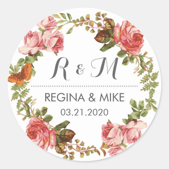 Roses Blumenkraut-Monogram-Frühjahrssonne Runder Aufkleber (Vorderseite)