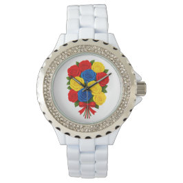 Roses Bouquet Women Rhinestone White Enamel Watch Armbanduhr