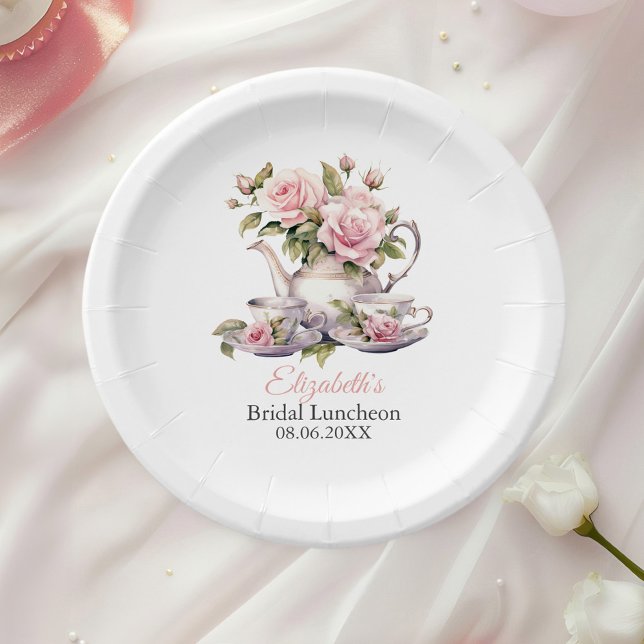 Roses Bridal Luncheon Teatro Sociale Bellinzona Pappteller (Blush Pink Roses Bridal Luncheon Tea Brunch Paper Plates on a table with a white rose.)