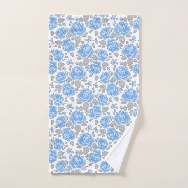 Roses d'aquarelle bleu et feuilles gris (Serviette à main)