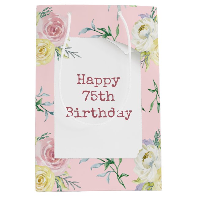 Roses d'aquarelle pour 75e anniversaire Sac cadeau (Devant)