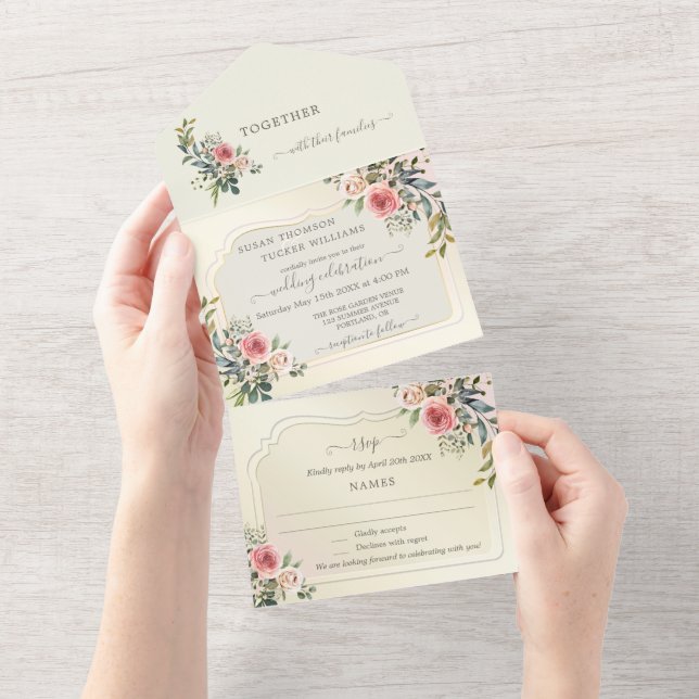 Roses d'aquarelle tous en un Faire-part de mariage (Déchirure)