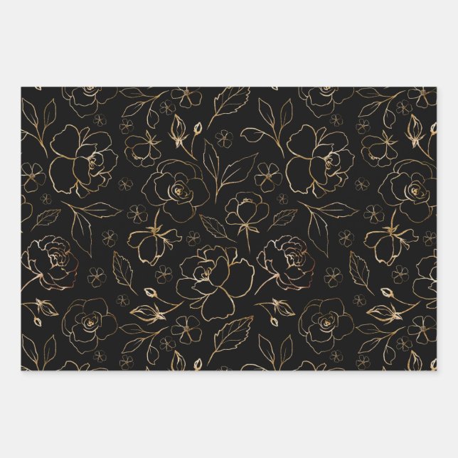 roses d'or sur papier noir Feuille plate de 3 (Devant)