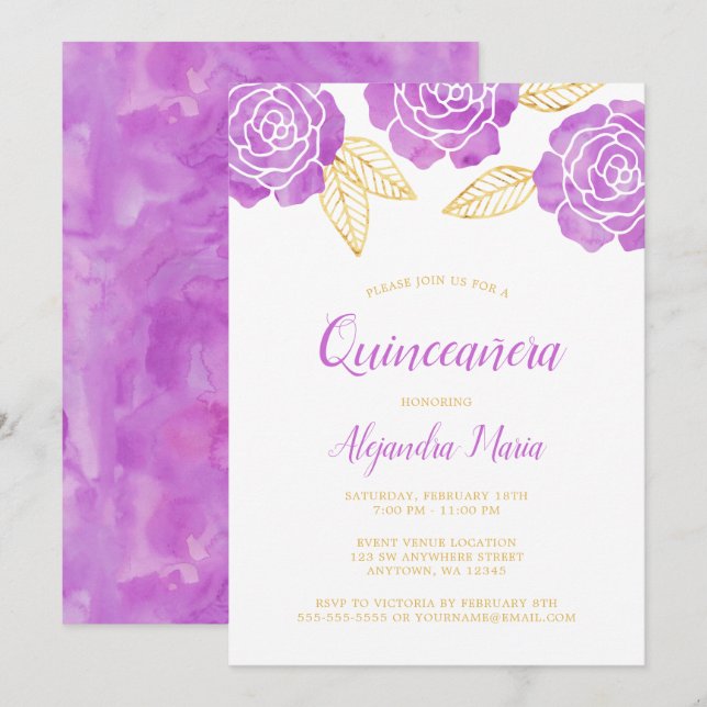Roses d'or violet moderne Quinceanera Invitations (Devant / Derrière)