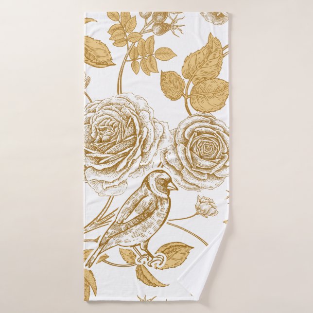 Roses dorés, fleurs, feuilles et baies de chien (Serviette de bain)