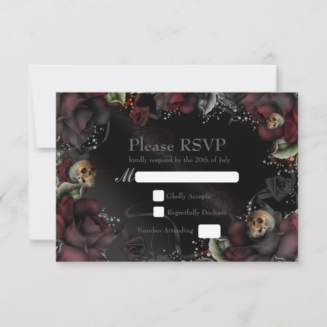 Roses et crânes noirs Mariage gothique Carte RSVP (Devant)