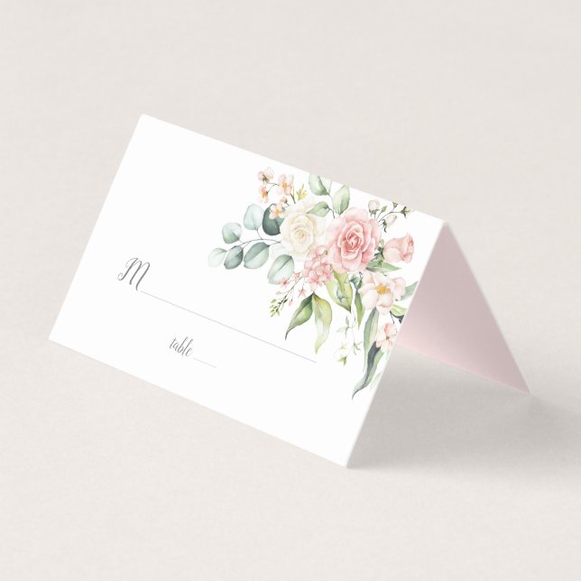 Roses Eucalyptus Greenery Wedding Platzkarte (Vorderseite)