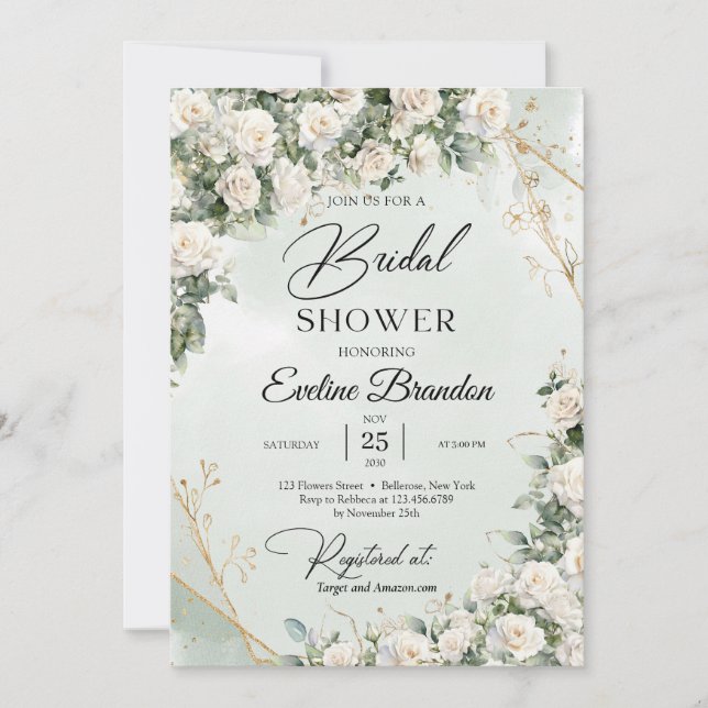 Roses eucalyptus grün und gold einladung (Vorderseite)