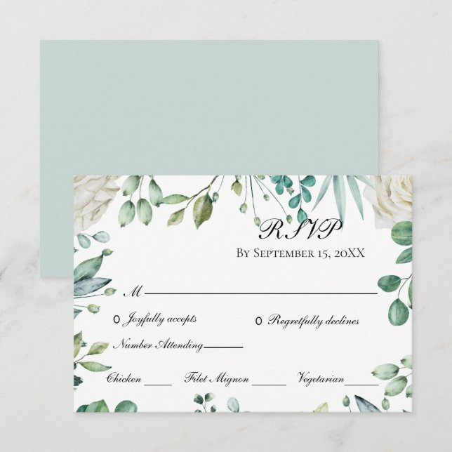 Roses Eukalyptus Botanische Hochzeit RSVP Karte (Vorne/Hinten)