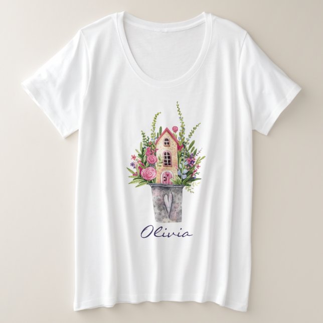 Roses Fairytale House Blume Große Größe T-Shirt (Design vorne)