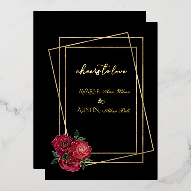Roses Glamour Rouges et Invitation à Feuille d'Or  (Recto/Verso)