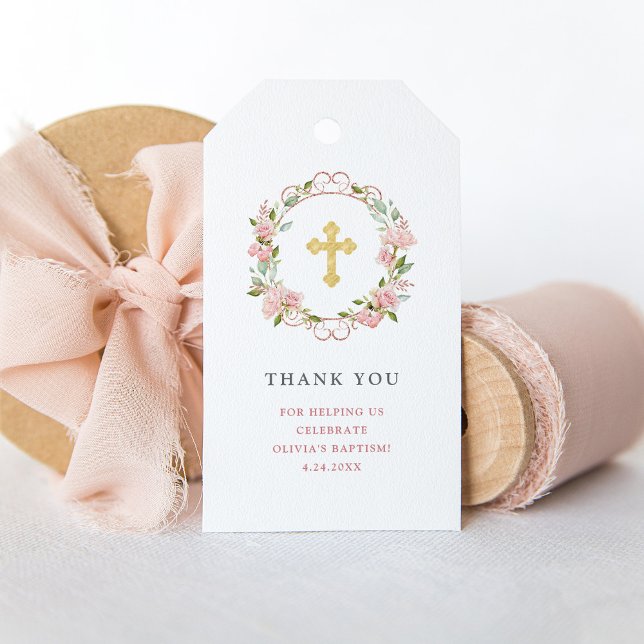 Roses Gold Cross Blues | Taufe Geschenkanhänger (Pink roses and a gold cross for your Baptism favors)