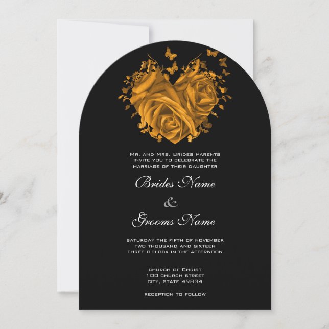 Roses Gold Heart & Papillons Faire-part de mariage (Devant)