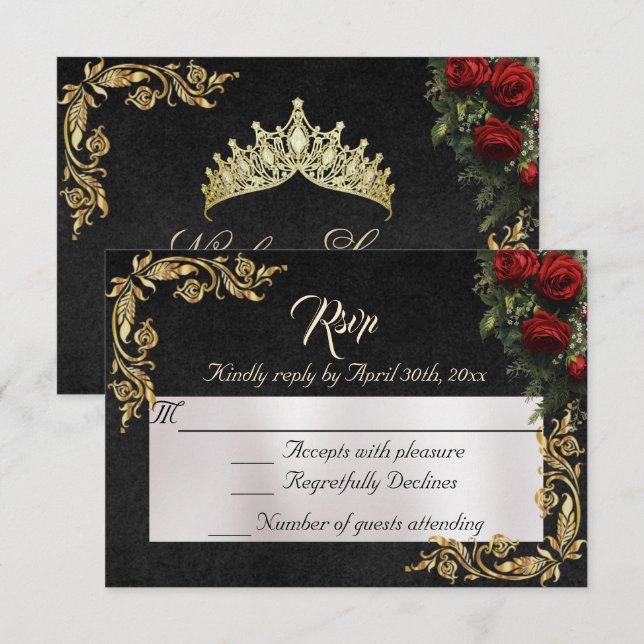 Roses & Gold Leaves - Black RSVP Karte (Vorne/Hinten)