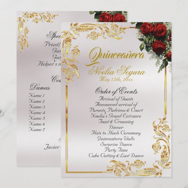 Roses & Gold Leaves - Pearl Quinceanera Program Programm (Vorne/Hinten)