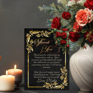 Roses, Gold Leaves & Tiara - Black Quinceanera Dankeskarte
