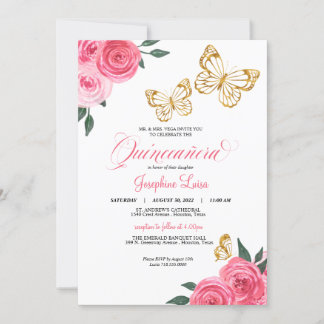 Roses Golden Butterfly Quinceañera Geburtstag Einladung