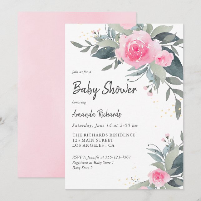 Roses Greenery Girl Baby Dusche Einladung (Vorne/Hinten)