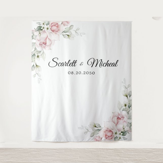 Roses Hochzeitszeremonie im Rosa Rosa Hintergrund Wandteppich (Vorderseite)