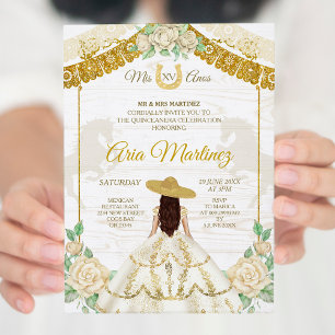 Roses ivoire et or Mis Quince Invitation
