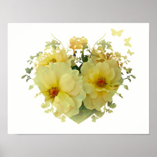 Roses Jaunes Cœur sur Affiche Blanche