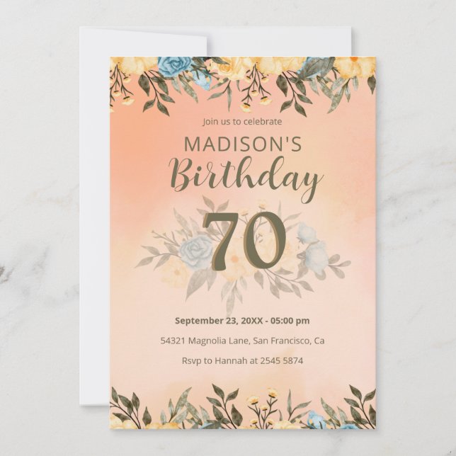 Roses Jaunes Et Bleus Invitation Anniversaire (Devant)
