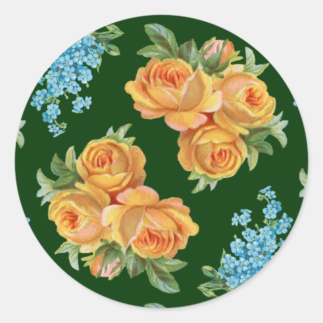 Roses Jaunes Fleurs Bleues sur Sticker Vert (Devant)
