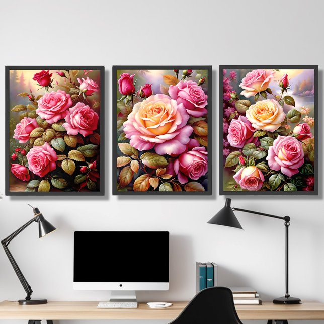 Roses Jaunes Rose Paysage Aquarelle Art (Black Frame)