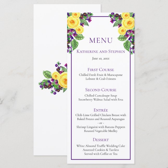 Roses jaunes | Violets Boho Floral Wedding Menu (Devant / Derrière)