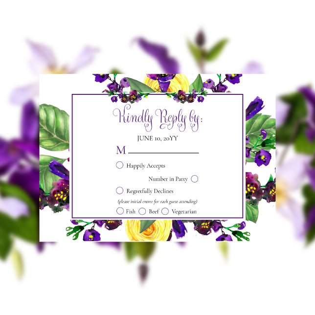 Roses jaunes |Violets Boho mariage floral RSVP (Yellow Roses and Purple Violets Boho Floral Wedding RSVP)