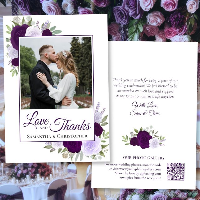 Roses mauve Love & Merci Photo QR Code Mariage (Front/Back)