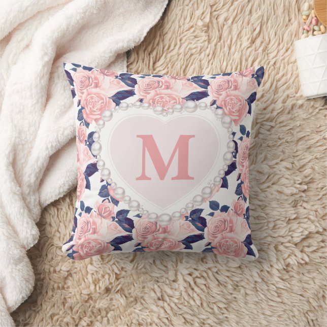 Roses Navy Blue Floral Pearl Heart Monogram Kissen (Decke)