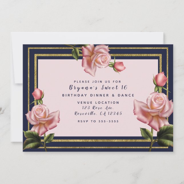 Roses Navy Blue & Gold Modern Sweet 16 Party Einladung (Vorderseite)
