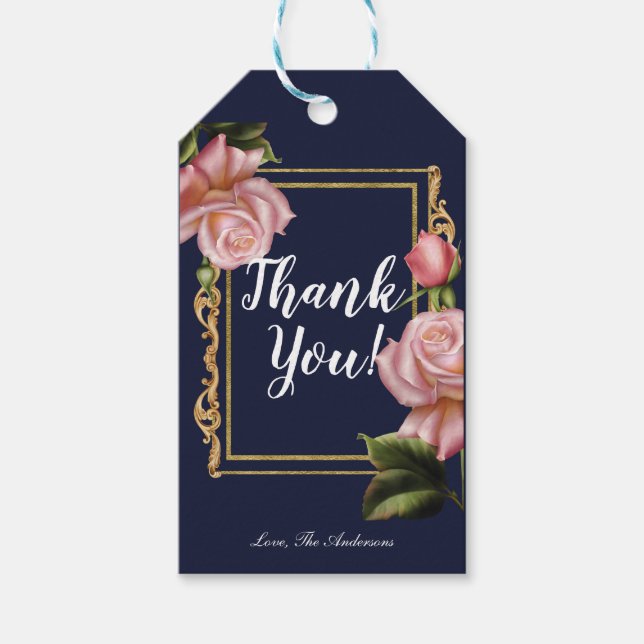 Roses Navy Blue & Gold Moderne Elegante Gefallen Geschenkanhänger (Vorderseite)