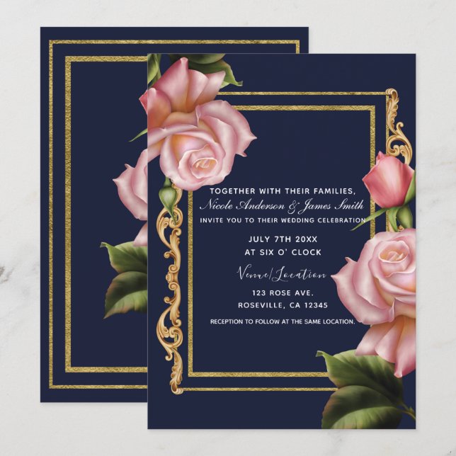 Roses Navy Blue & Gold Moderne Hochzeit Einladung (Vorne/Hinten)