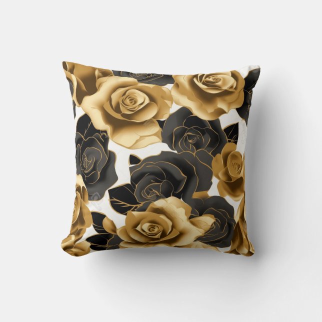Roses or et noir avec Rose or pétales Coussin (Recto)