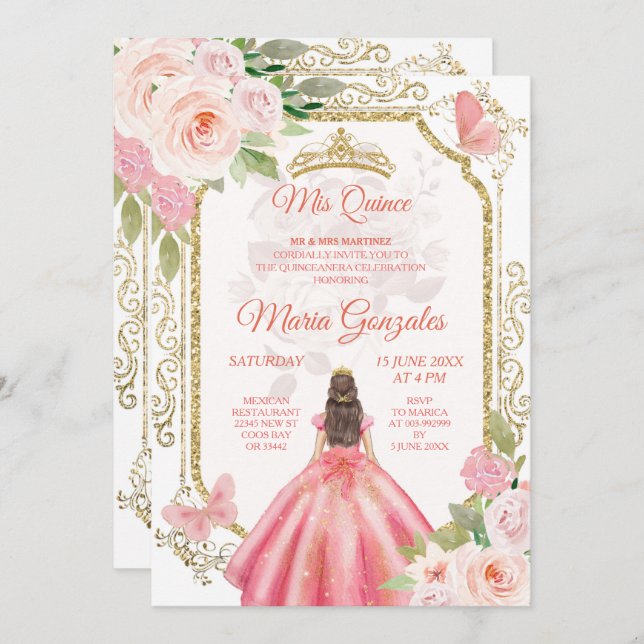 Roses roses et robe Charra Mis Quince Invitation (Devant / Derrière)