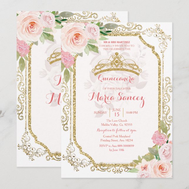 Roses roses mexicaines Mis Quince Invitation (Devant / Derrière)