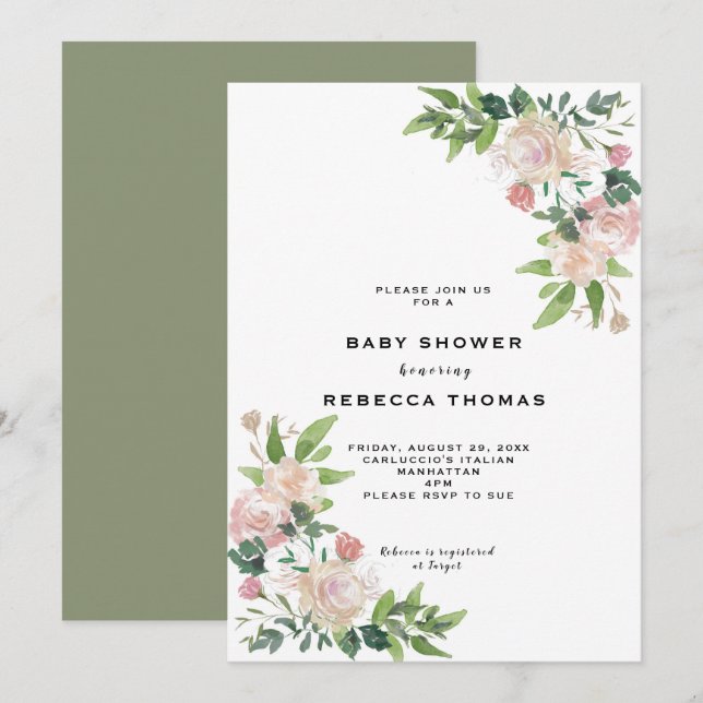 roses roses modernes vert invitation baby shower (Devant / Derrière)