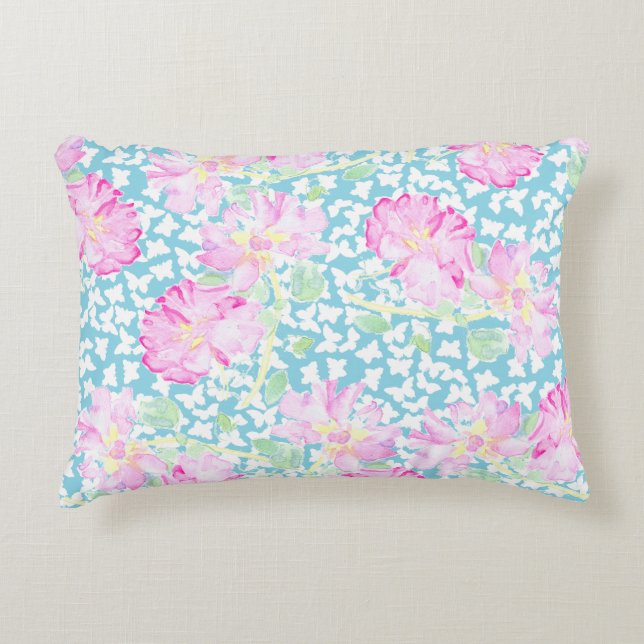 Roses roses, Papillons blancs Coussin à Accent Ble (Devant)
