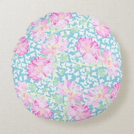 Roses roses, Papillons blancs Coussin rond bleu