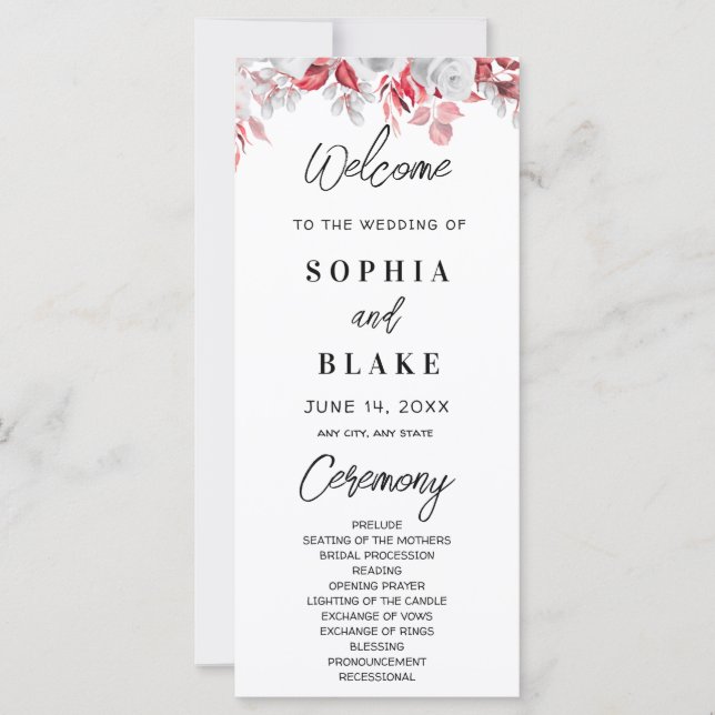 Roses roses roses et vert programme de mariage (Devant)