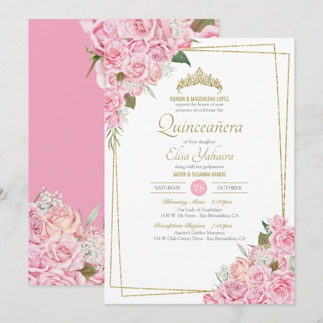 Roses Roses Roses Gold Tiara Quinceanera Einladung (Vorne/Hinten)