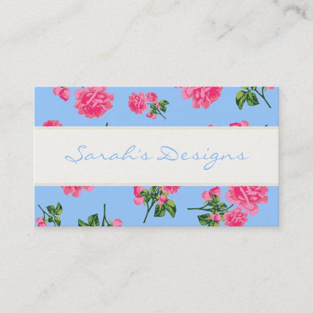 Roses roses sur Cartes de visite floraux bleus (Devant)