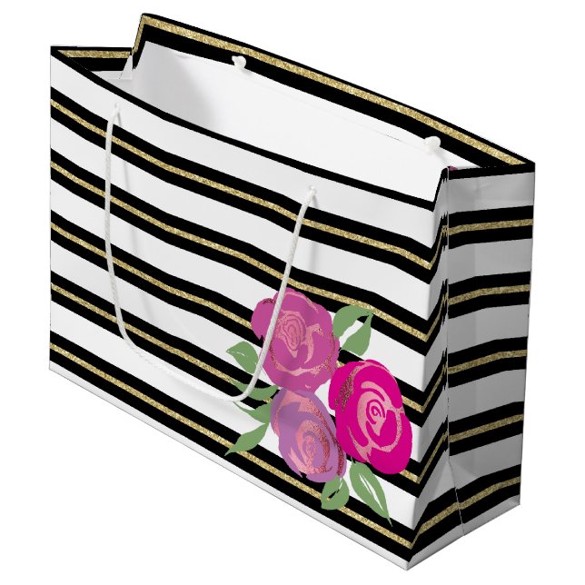 Roses roses sur Noir, Blanc, Sac Cadeau Or (Devant Angle)
