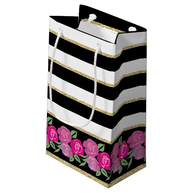 Roses roses sur Noir, Blanc, Sac Cadeau Or (Dos Angle)