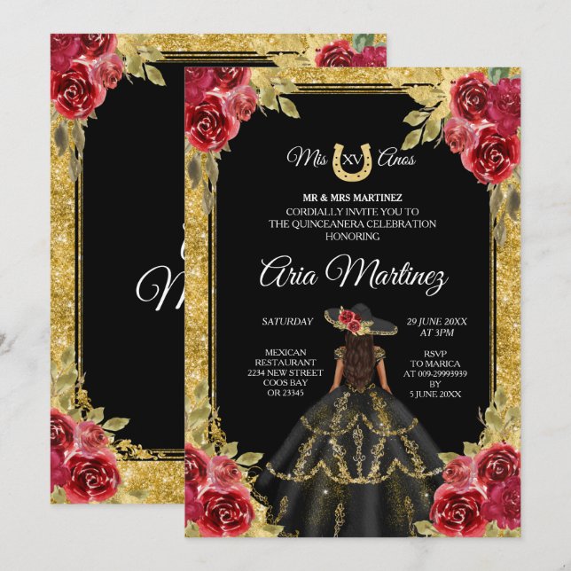 Roses rouge et or Charra Mis Quince Invitation (Devant / Derrière)