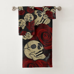 Roses Rouges & Crânes Floral Gothique Gris Noir