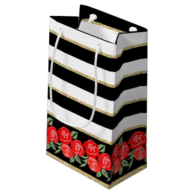 Roses rouges en noir, blanc, sac cadeau or (Dos Angle)