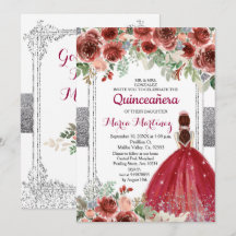 Roses Rouges Fleurs Argent Quinceanera Invitation